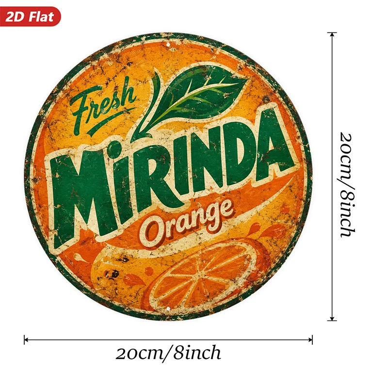 2D Flat, 1pc Citrus Retro Sign Round Metal Sign Wall Art, Home Decor, Fresh Mirinda Wording, Orange Slice Illustration, Green Le