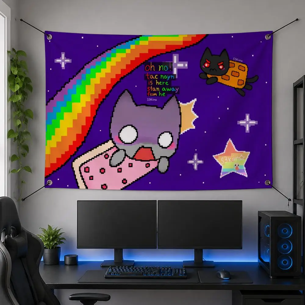 Meme-Rainbow Flying Pixel Space Kitty Cat Nyan Cat Flags Flag Banner for Bedroom Dorm Party Home Living Room Game Room Gift