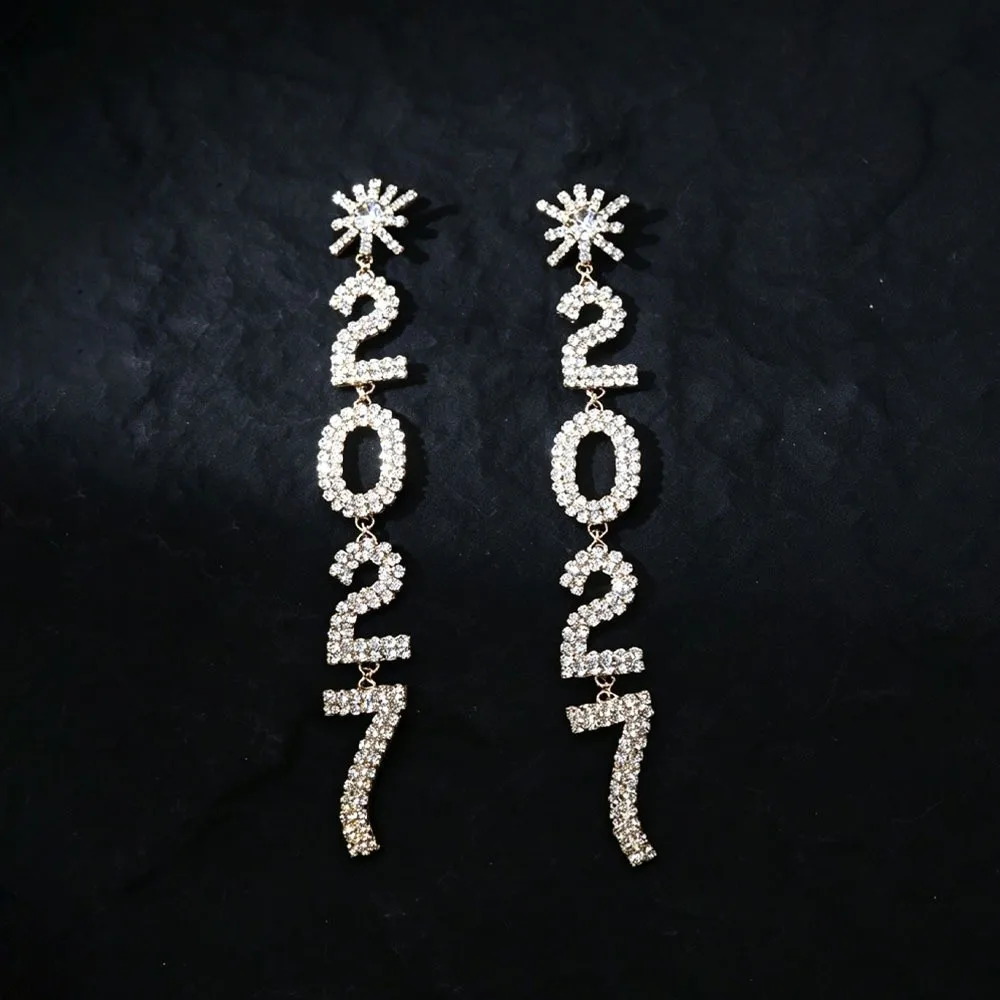 Fashion Elegant 2027 Digital Earrings Long Drop Love Heart Happy New Year Earrings Rhinestone Shiny Stud Earrings Daily