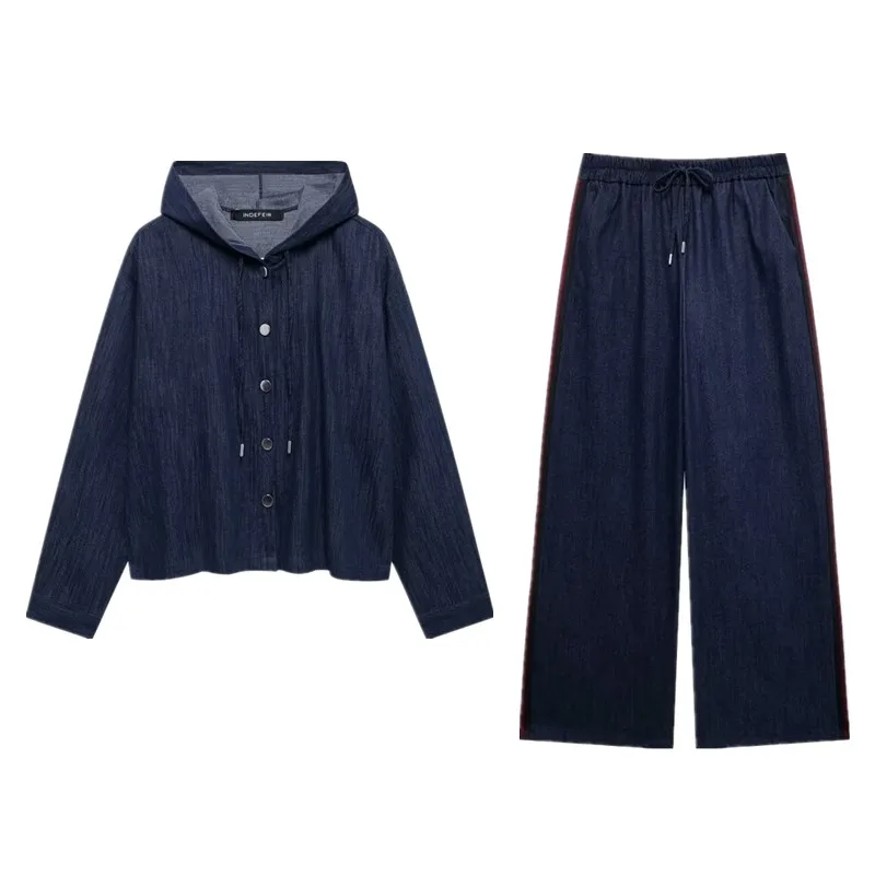 Conjunto de moda otoño 2024: csa de manga larga con efecto denim para mujer y plones de cintura alta con chaqueta con ...