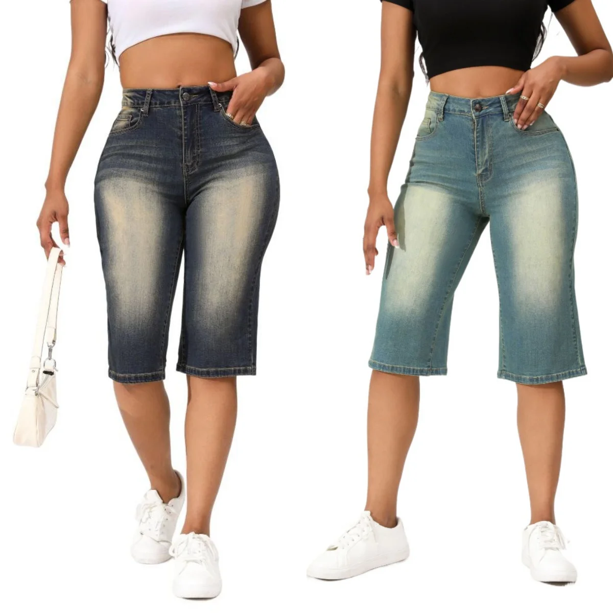 2024 Summer New Vintage Calf-Length Jeans For Women Casual High Stretch Denim Straight Leg Pants Drop Shipping