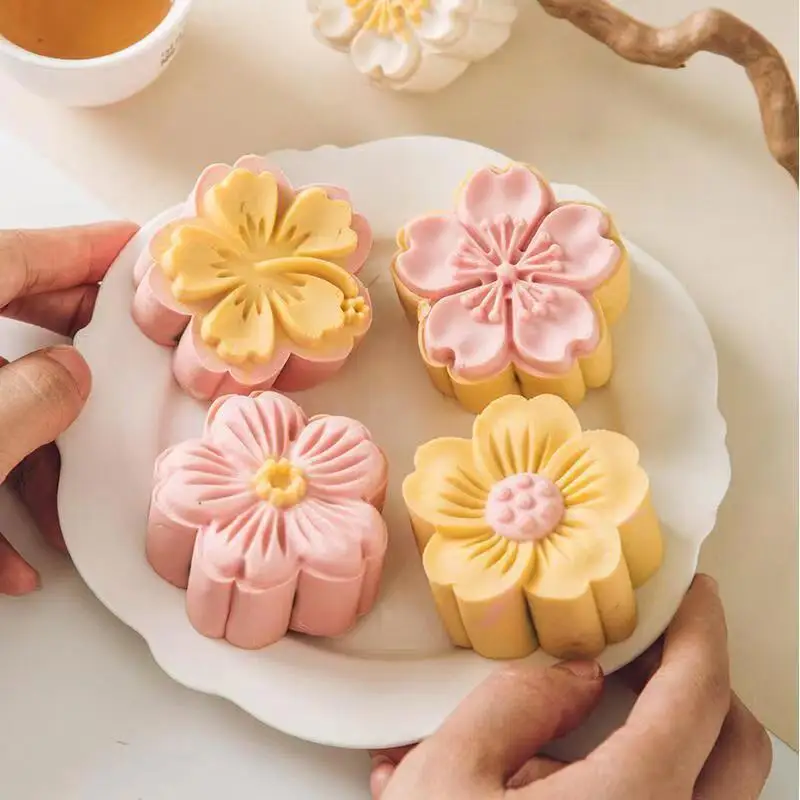 Mooncake Mold Plastic Hand-Pressure Cookie Stamps Flower Cherry Pattern Plungers Pastry Decoration Tool Mid-Autumn Festival
