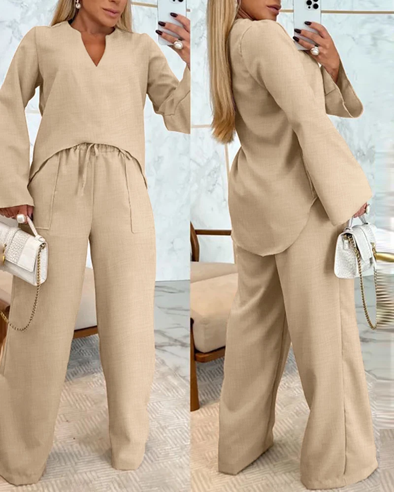 

Summer Solid Color Casual 2-Piece Set with V-Neck Long Sleeved Asymmetrical Hem Top and Wide Leg Pants Set for Women's Clothing