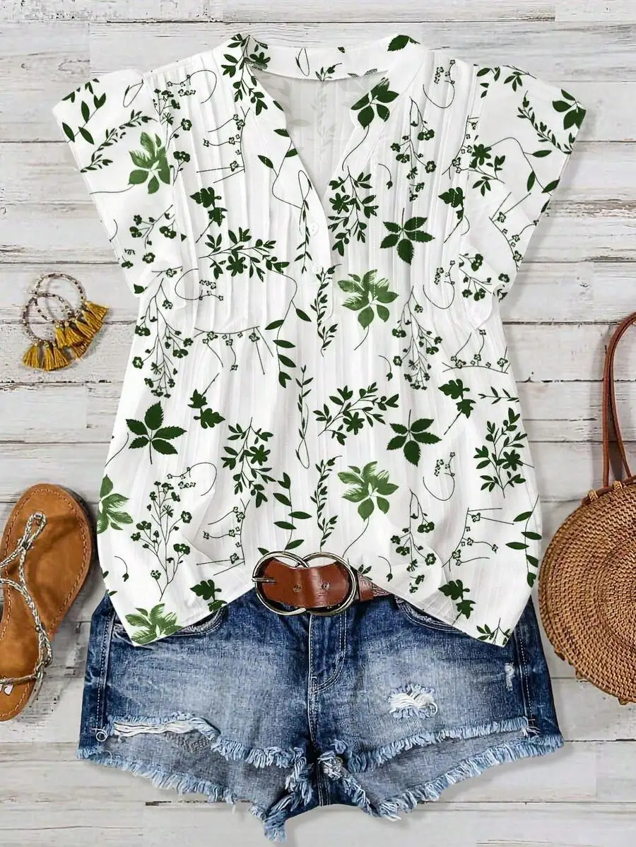 

Women Plant Print Cap Sleeve V-Neck Casual Shirt