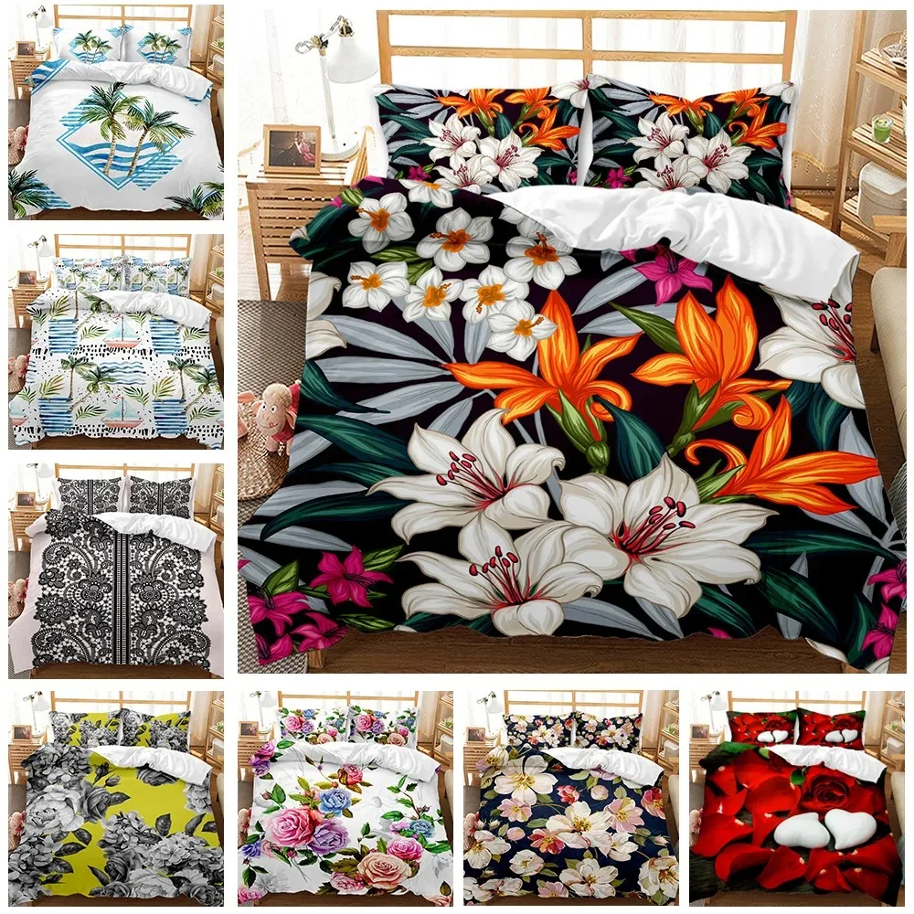 

Floral Duvet Cover Set, Spring Season Pastoral Flowers Botany Bouquet Field Nature Theme Art Soft Polyester Bedding Set