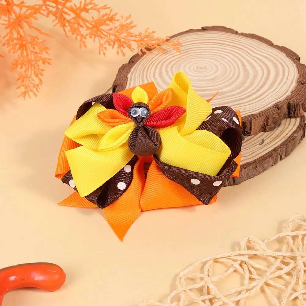 Fashion Cartoon Ribbon Turkey Hairpin Thanksgiving Bowknot Hair Bow Clips Kids Barrettes Headwear Girls Hair Accessories