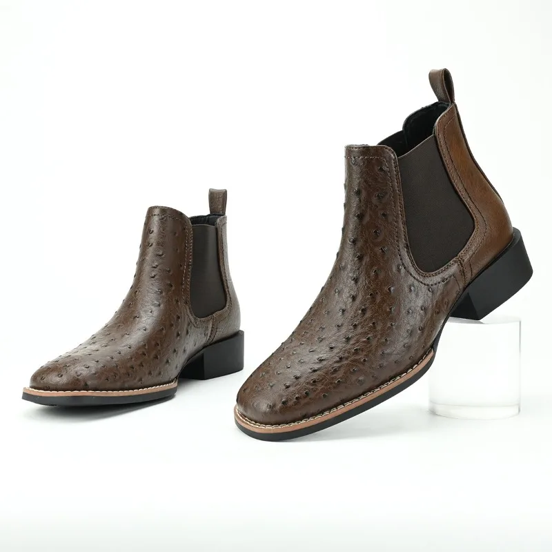 Men Ostrich Print Chelsea Boots 2026 Spring Autumn PU Square Toe Elastic Side Panel Block Heel Retro British Footwear Size 40-46