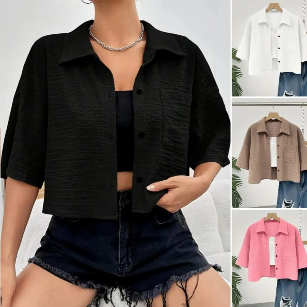 

Stand Collar Shirt Women Shirt Women’s Shirt Tops with Lapel or Stand Collar Half Sleeve Single Breasted Blouses Short Style