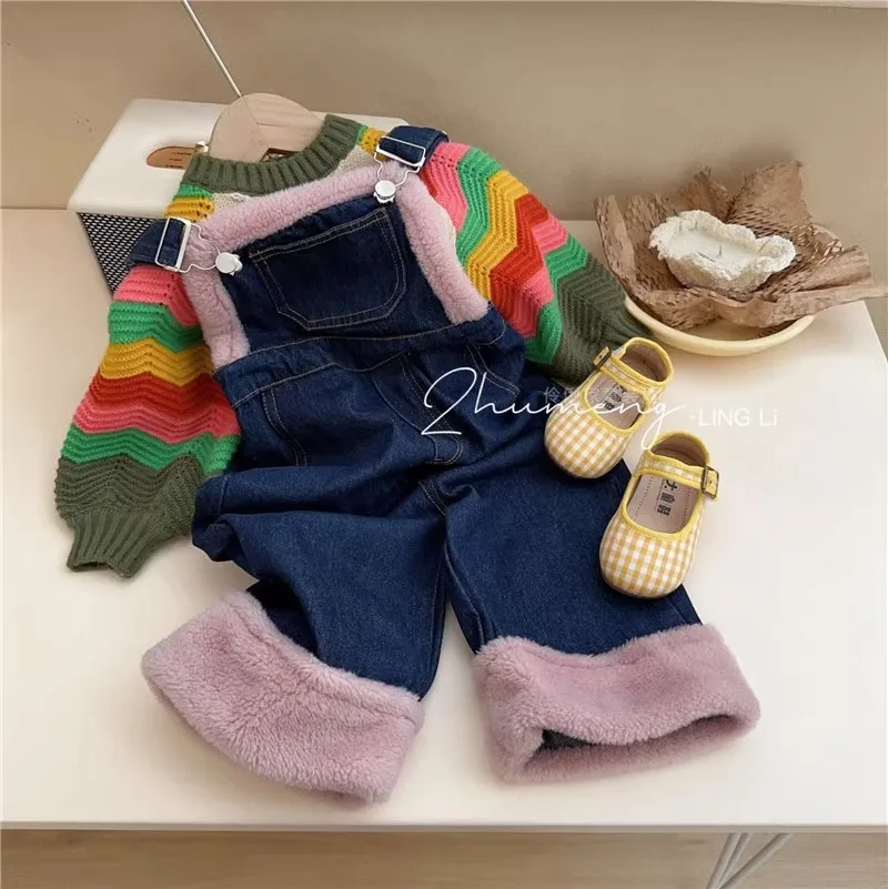 Ping Tou Ge 2024 Spring New Korean Girls' Contrast Wave Lantern Sleeves Sweater Lamb Wool Denim Strap Pants