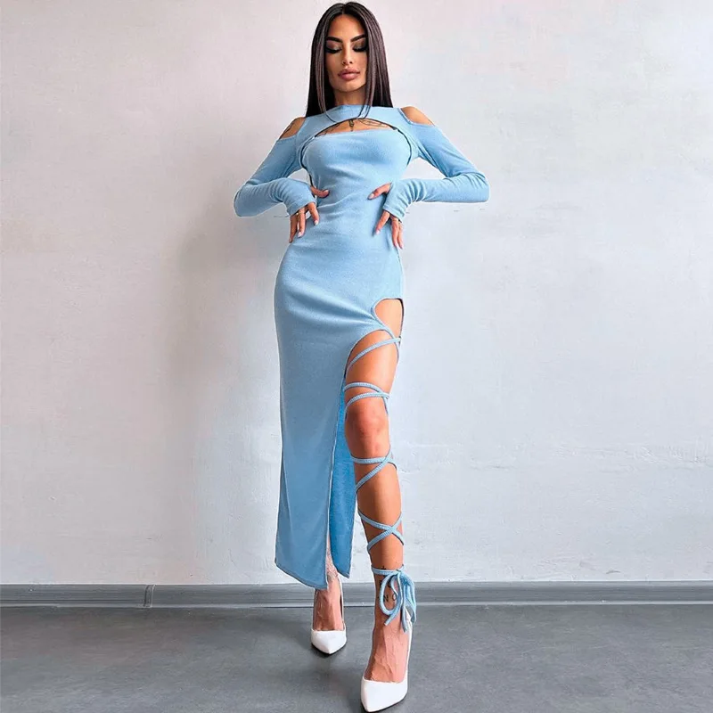 

Sexy Leggings with Slit Dress Style2025Spring Women's New Solid Color Long Sleeve Hollow Out Long Dress