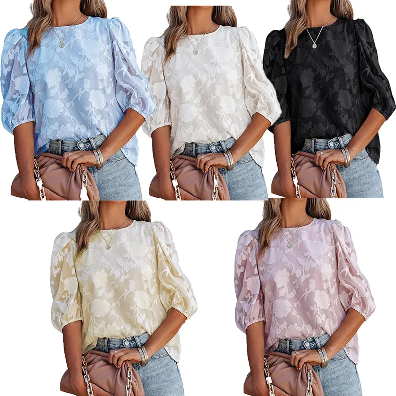 Womens Europe United States Cross-border Chiffon Overlay Cloth Floral Bubble Short-sleeved Fashion Round Neck Loose Blouse Shirt