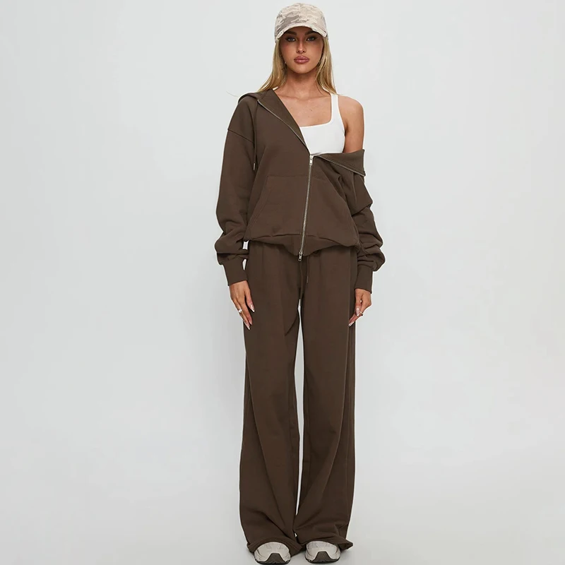 Pantaloni da donna a gamba larga con coulisse tinta unita Abito a maniche lunghe con cerniera ritagliata Giacca con cappuccio casual da donna High Street Set da 2 pezzi