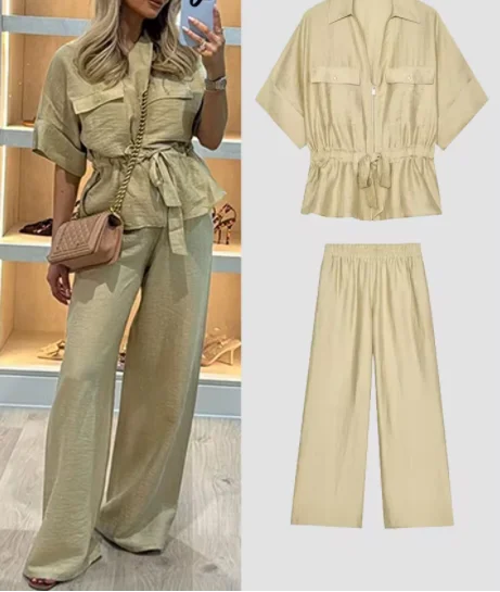 

Fashion Simple Spring Summer Two Piece Set Women Elastic Waist Tight Zipper Shirts Loose Wide Legs Trousers 2 Piece Sets Female