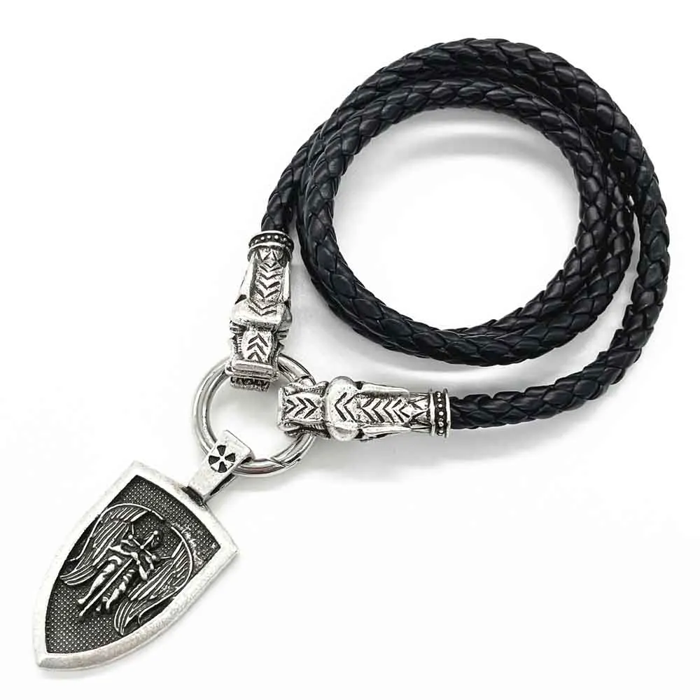 Archangel Michael Protect Us Saint Shield Amulet Talisman Pendant Wolf Head Leather Metal Chain Necklace Men Women Jewelery