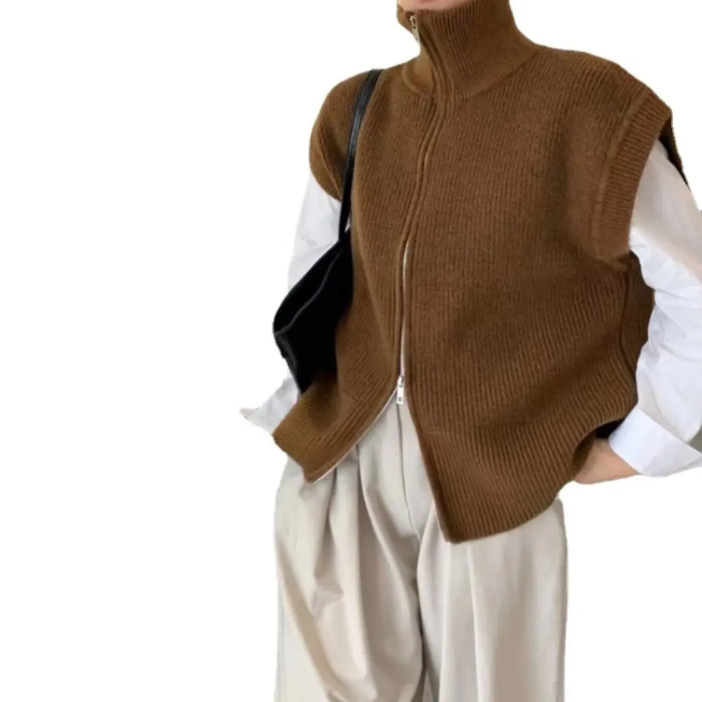 

New Spring Autumn Loose Slim Fit Zippered High Collar Vest Fashion Waistcoat for Women