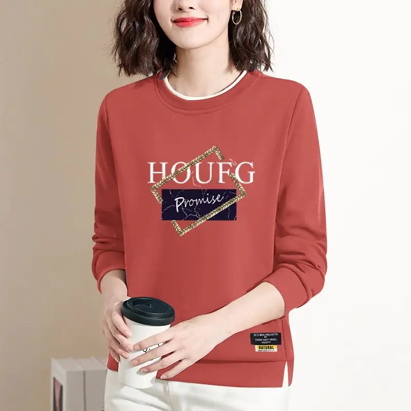 New Spring and Autumn Women\'s Solid Color O-Neck Long Sleeve Loose Letter Printed Pullovers Korean Fashion Comfortable Tops