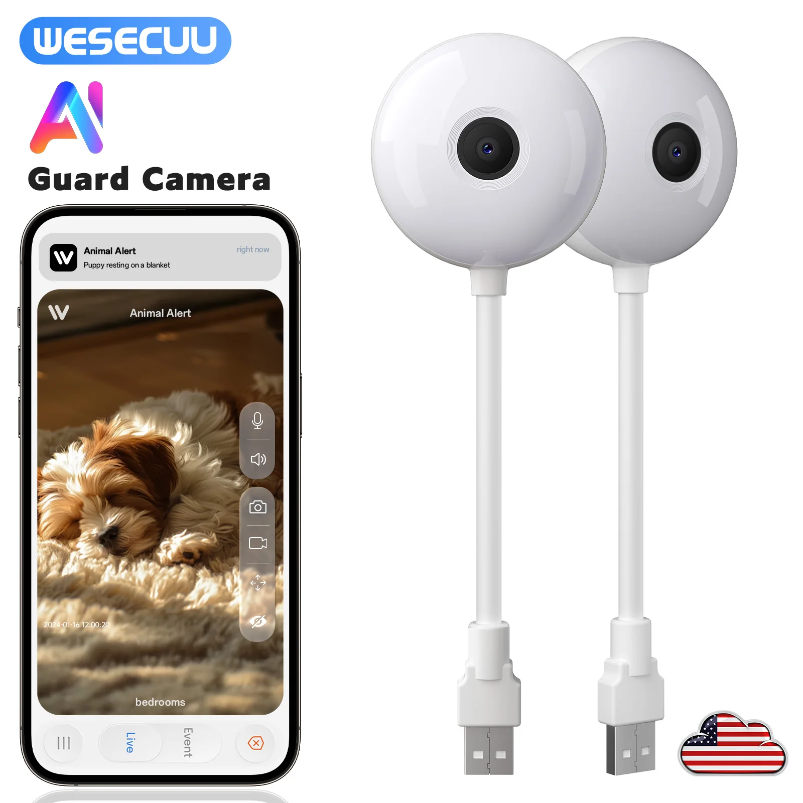 

WESECUU Mini WiFi Camera Indoor 2K Security Camera for Baby Monitor Wireless USB Plug IP Surveillance AI Auto Tracking Babe Cam