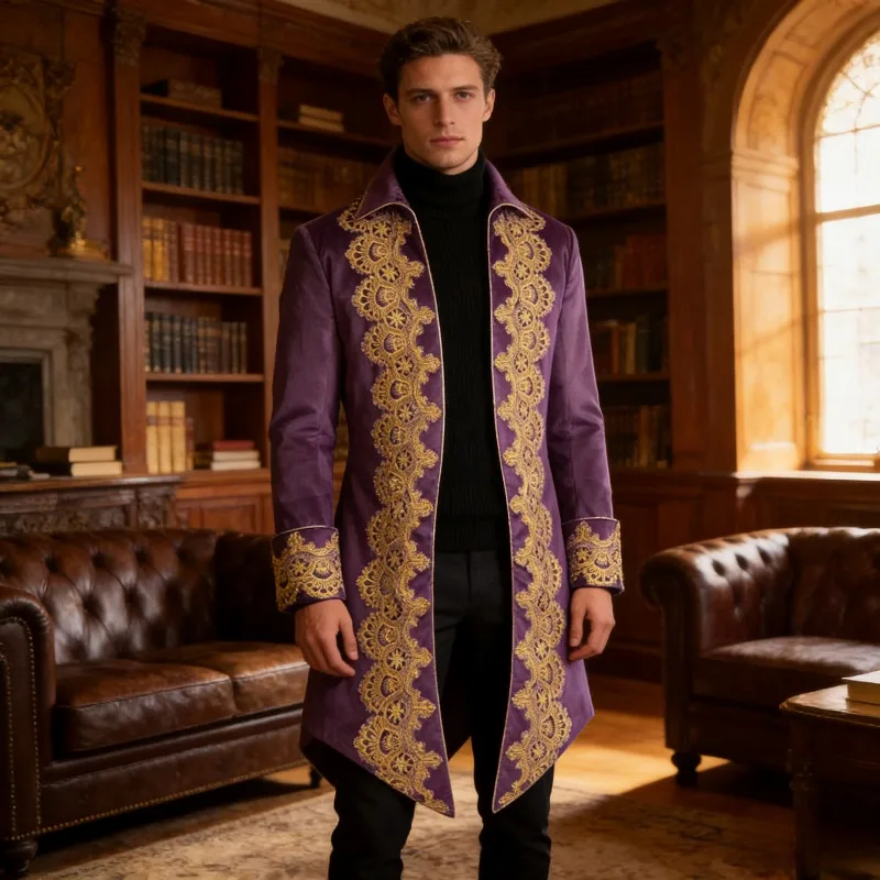 

2025 Lace Tailcoat European and American Medieval Vintage Clothing Mid Length Punk Mens Coat Gothic Victorian Steampunk Overcoat