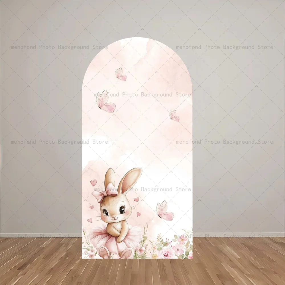 Mehofond Arch Backdrop Customized Name Pink Tender Rabbit Cute Kid Bride Baby Birthday Party Decor Studio Photography Background