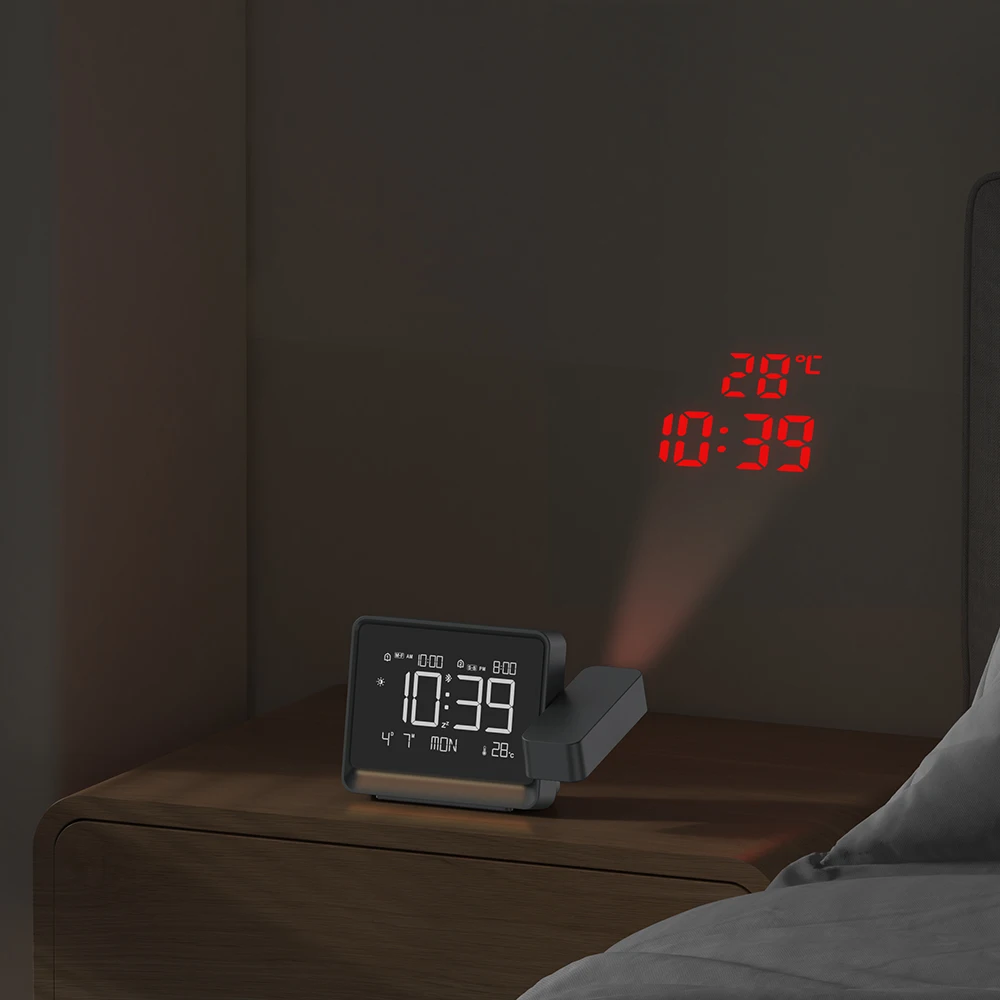 Fanju Digital Projection Desktop Dual Alarm Clock Bluetooth Time Adjust Night Light USB Focusing Display Projectior Thermometer