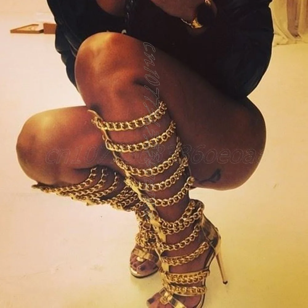 

Golden Chain Strap High Heels Sandal Boots Thin High Heel Women's Footwear Knee High Summer Sandals 2025 Zapatos Para Mujere