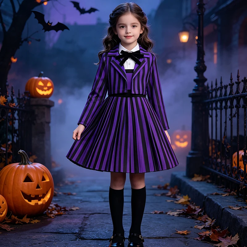 Halloween Family Cosplay Costume For Girls Purple Black Striped Jacket Pleated Dress With Socks Kids Carnival Vestidos Outfit