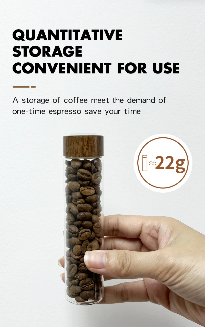 Kaffeebohnen Vorrats behälter Rohr Flasche Glas mit atmungsaktivem Deckel Walnuss Display Rack Barista Zubehör Kaffee geschirr Sets Geschenk – Detail 9