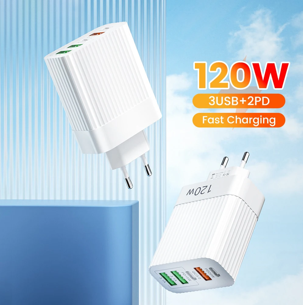 Total 120W 5 Ports Type C Charger Fast Chargers For Samsung S22 S23 Travel Charger Adaptor For iPhone Xiaomi Huawei Quick Charge