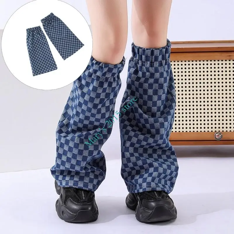 Womens Punk Striped Plaids Jeans Flared Leg Covers with Elastic Cuffs Harajuku Denims Leg Warmers Footless Socks Streetwear