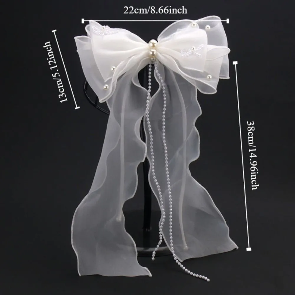 정교한 진주 신부 리본 보우 헤어핀 고급스러운 우아한 신부 머리 장식 태슬 수제 웨딩 헤드드레스 사진 촬영용