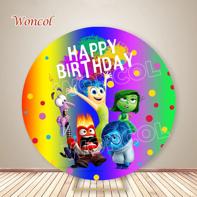 Inside Out Round Backdrop Kids Birthday Backdrop Inside Out Sadness Fear Joy Disgust Anxiety Anger Cylinder Cover Decor Prop