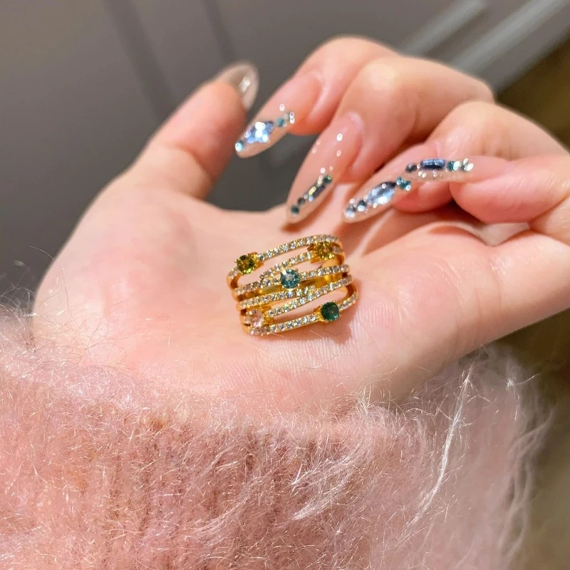 

2025 New Sparkling Crystal Geometric Adjustable Ring for Women Fashion Stainless Steel Ring Original Design Jewelry Accessories