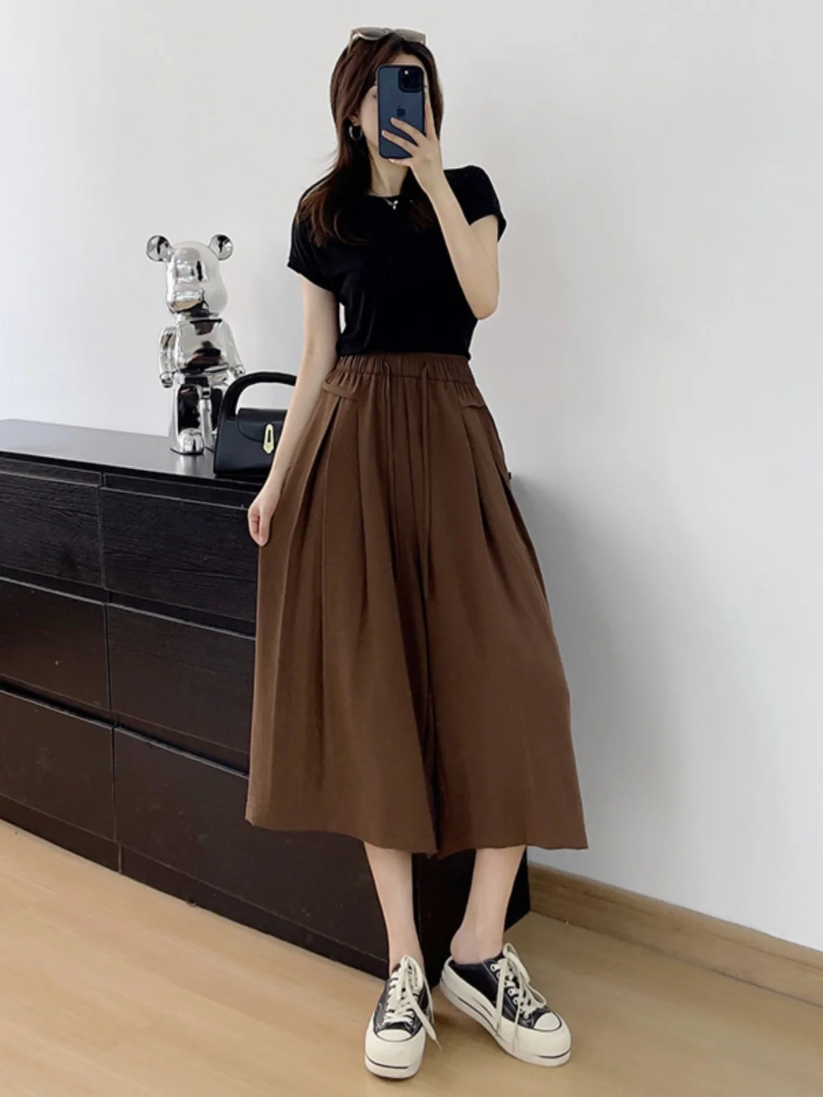 Falda drapeada de cintura alta de seda de hielo naranja, pantalones de verano finos, sueltos, textura informal, pantalones de pierna ancha de siete cuartos, Faion para mujer