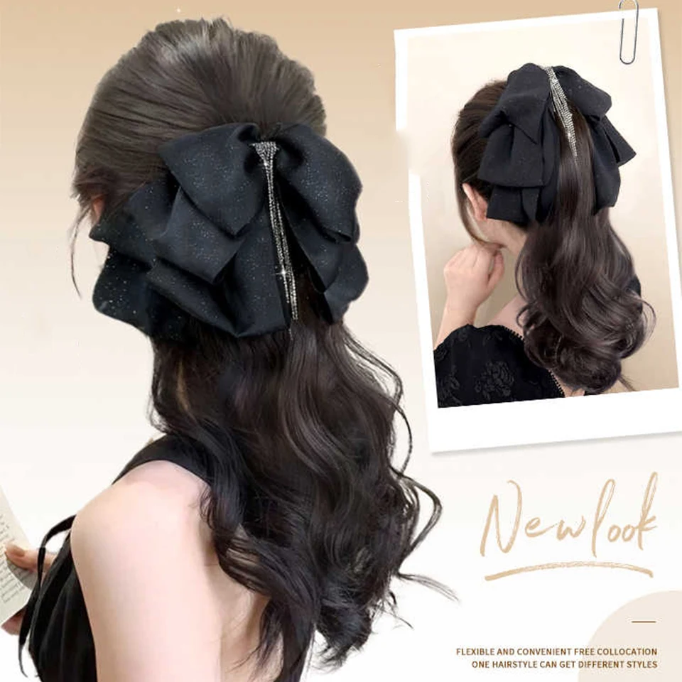 OLACARE Synthetic Long Wavy Bow Claw Clip On Ponytail Hair Extensions Heat Resistant Pony Tail Hair Piece For Women Daily