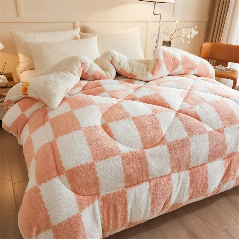 J HomeCheckerboard Thickened Coral Fleece Winter Blanket Double Sided Plush Warm Quilts for Bed Super Soft Queen Size Winter Com