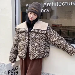 2024 New Down Coats Leopard Jackets for Women Lamb Wool Collar Down Jacket Korean Casual Outerwear Thick Warm Winter Coat Female