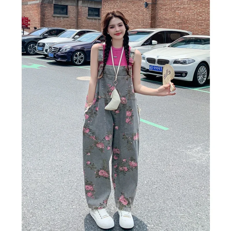 2025 Spring Summer Vintage Print Denim Overalls Women Fashion Loose Wide Leg Pants Lady Trendy Jeans Trousers Streetwear Female