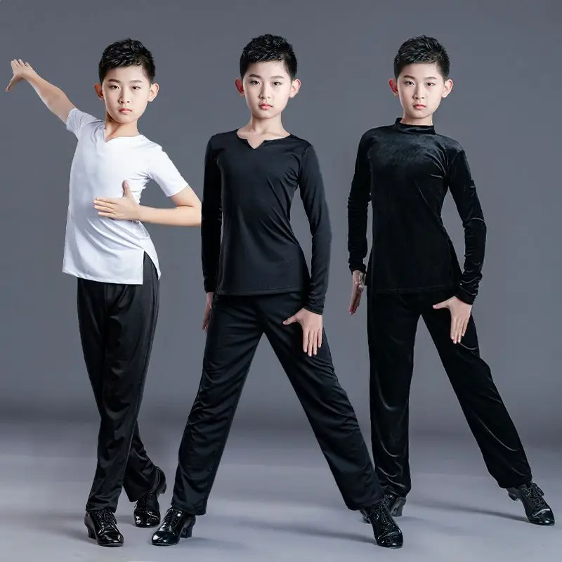 Roupa de dança profissional infantil, curta, manga comprida, menino de salão, dança latina, tango competição terno, camisa e calça salsa