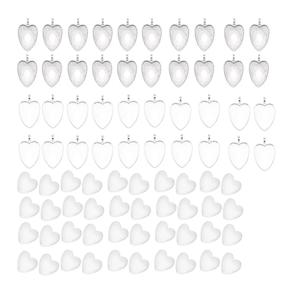 

Набор из 80 штук: основы для кулонов DIY, подставки для камней, серебряные подвески в форме сердца, стеклянные купола, элементы для украшений