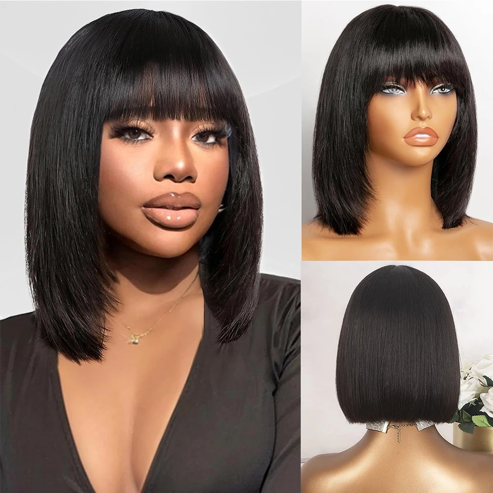 Glueless Bob Wig Human Hair Ready To Wear And Go Short Straight Machine Made Bob Wig With Bang Brazilian Hair For Black Women