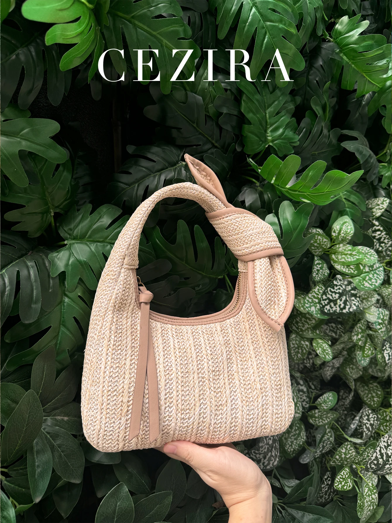 

CEZIRA Women Straw Woven Bow knot Handle Bag Zipper PU Leather Patchwork Binding Top-handle Hobo Handbag Beach Holiday Outdoors