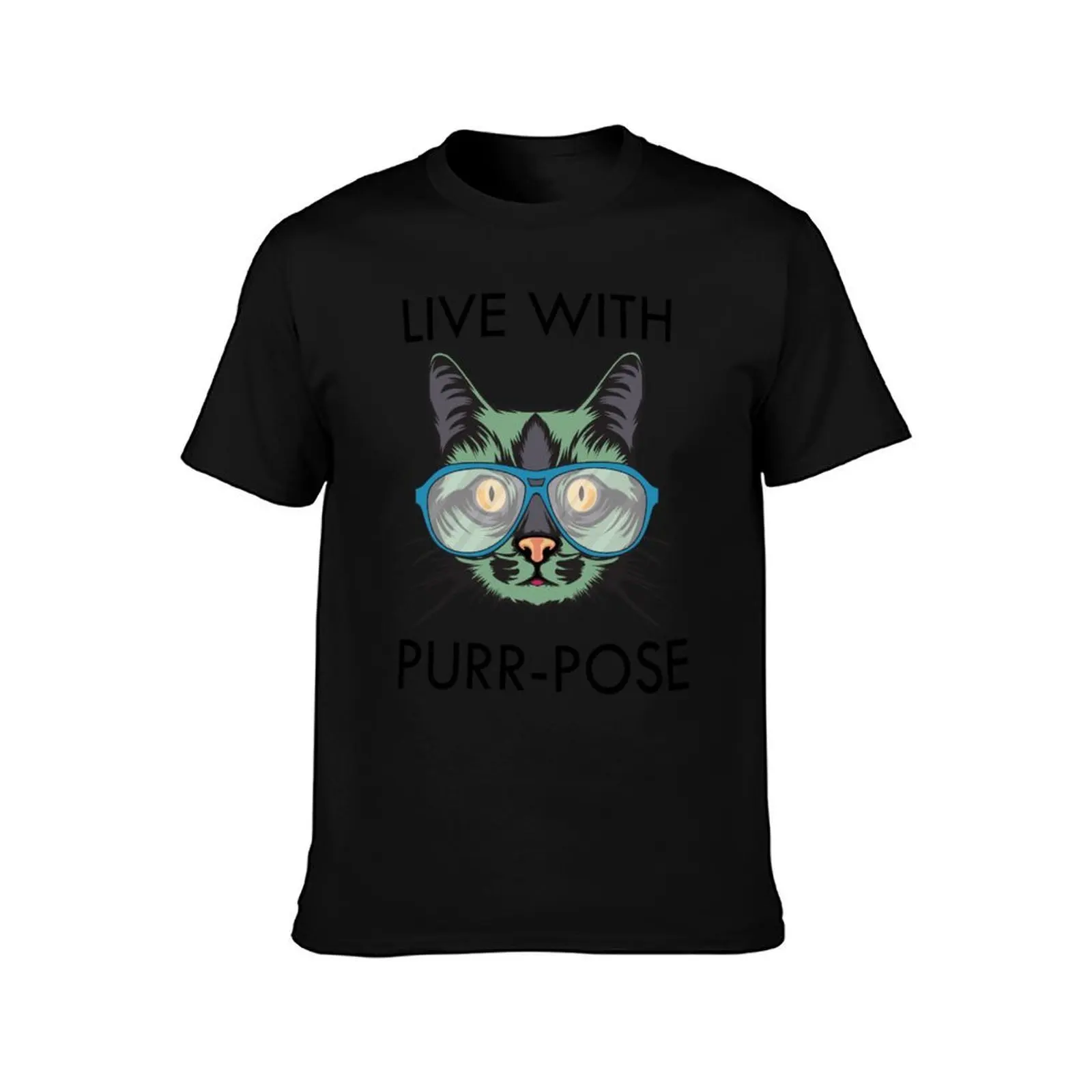 Live With Purrr-pose T-Shirt, Summer Casual Cotton Tee, Oversized Streetwear Tops, Vintage Graphic Print, Loose Fit Short Sleeve