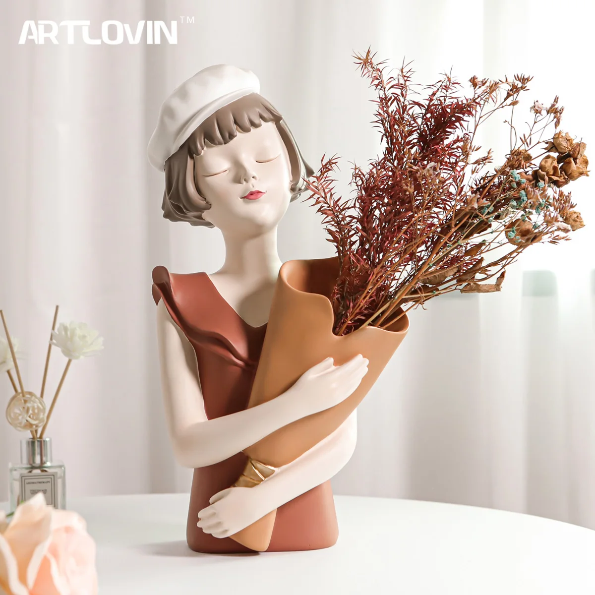 Decorative Vase Modern Girl Sculpture Resin Bust Desktop Ornaments Gold Storage Tray Garden Living Room Decor Makeup Bush Holder