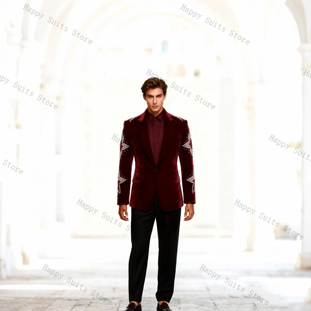 Burgunderroter Samt-Herrenanzug-Set, 2-teilig, Blazer + Baumwollhose, Hose, formeller Büromantel, Hochzeit, Smoking, individuelle Jacke, Outfit