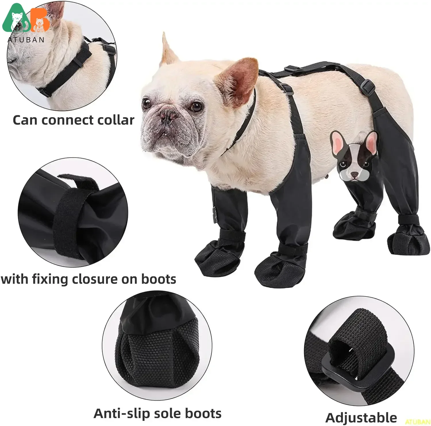 ATUBAN Waterproof Dog Boots Anti-Slip Dog Shoes with Rugged Rubber Sole, Pet Paw Protector for Small Medium Dogs.