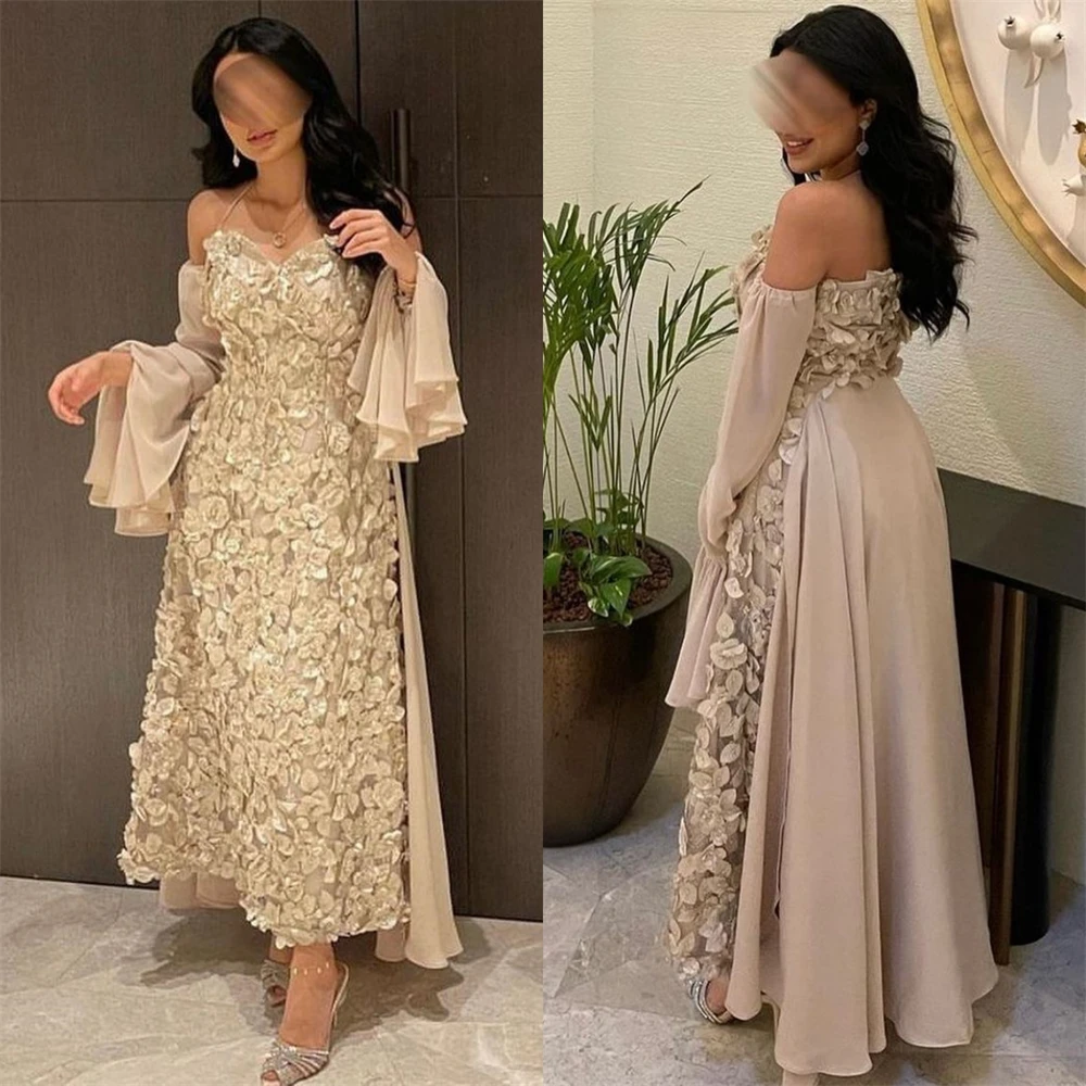 Robe de soirée en mousseline de soie, tenue de soirée, Arabie Saoudite, ligne A, épaules dénudées, sur mesure, robes mi-longues