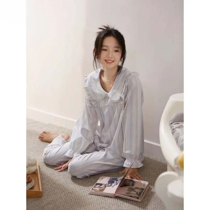 Elegant striped women's pajamas suit spring and fall models cotton long-sleeved Korean sweet casual fashion sleepwear homewear