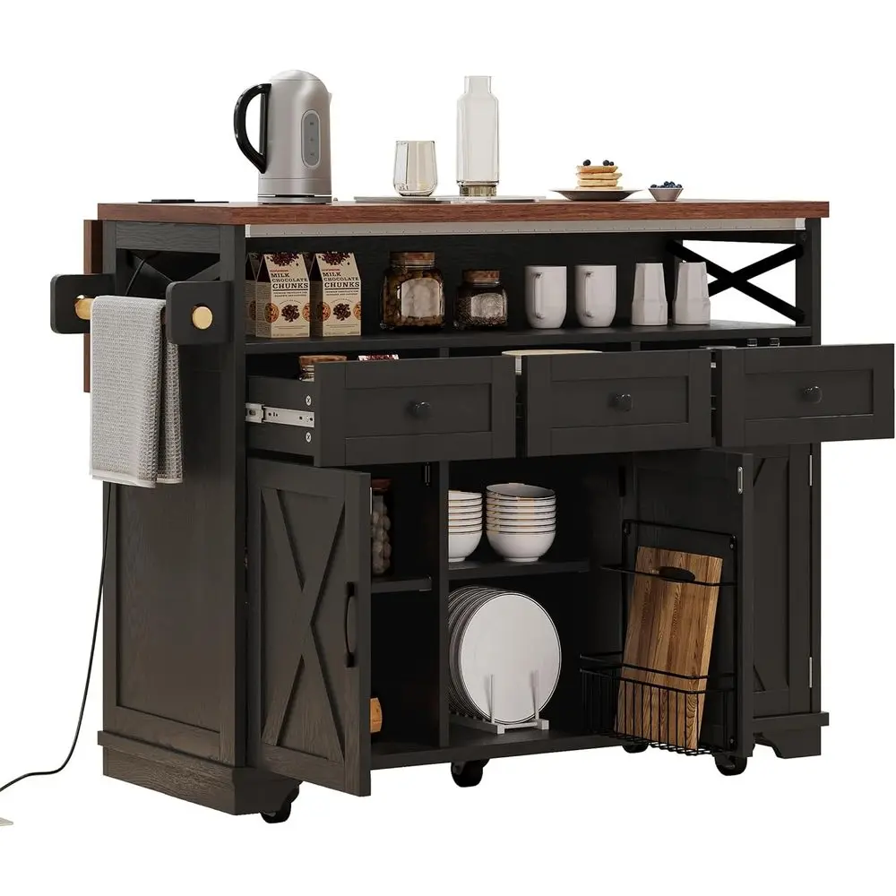 

Mobile Kitchen Island with Drop Leaf Breakfast Bar, Storage Cart, Drawers, and Towel Rack, 46.5 Black
