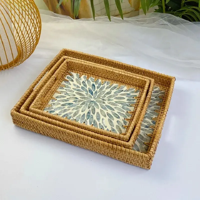 

Handmade Colorful Rattan Tray Handles Rectangle Round Nordic Jewelry Storage Basket Trays For Table Fruit Dish Home Decor