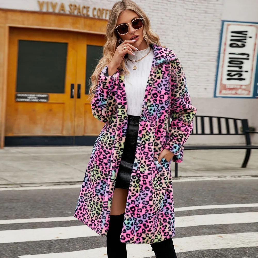 New Women's 2026 Winter European and American Leopard Pattern Imitation Fur Plush Collar Long Fashion Autumn/Winter Coat